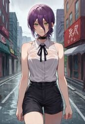 1girls ai_generated chainsaw_man clothed clothing curvy female_focus female_only green_eyes hair_between_eyes light-skinned_female lilianaa necklace purple_hair rain reze_(chainsaw_man) short_hair wet wet_body wet_breasts wet_clothes wet_shirt wet_skin