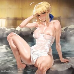 1girl 1girls 2d 2d_(artwork) ahoge ai_generated areola areola_slip areolae areolae_slip armpits arms_behind_back arms_up artoria_pendragon artoria_pendragon_(all) artoria_pendragon_(fate) blonde_hair blush fate/grand_order fate/stay_night fate/zero fate_(series) female from_side legs_up looking_at_viewer mrflexbox naked_towel nipple_slip nipples nipples_visible_through_clothing no_bra no_panties nude onsen saber sitting sitting_on_rock smile solo spread_legs steam steaming_body towel towel_only water water_drop wet wet_body wet_skin wet_towel