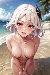 7ds_grand_cross ai_generated beach collarbone cum cum_on_breasts cum_on_face hair_ornament lillia_(nanatsu_no_taizai) lillia_of_desire_(7ds_grand_cross) nanatsu_no_taizai nude nude_female ocean palm_tree red_eyes seven_catastrophes seven_deadly_sins short_hair smartneto