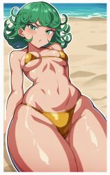 1girls ai_generated ashaa beach beach_background bikini bikini_bottom bikini_top female female_only golden_bikini green_eyes green_hair laying_on_ground medium_breasts one-punch_man outline short_hair solo tatsumaki thick_thighs