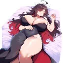 ai_generated amber_eyes ameanon black_dress dark_hair female large_breasts sorceress sorceress_sophia thick_thighs two_tone_hair villainess witch