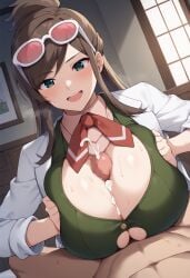 ai_generated alternate_breast_size brown_hair censored cum cum_on_breasts ema_skye glasses green_eyes gyakuten_saiban happy huge_breasts lab_coat nude nude_male nude_male_clothed_female paizuri paizuri_under_clothes smile