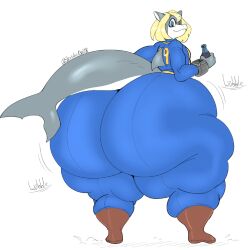 1boy 1femboy blonde_hair blue_eyes boots bottom_heavy bottom_heavy_femboy bottom_heavy_male fallout fallout_(series) great_white_shark looking_back male male_only marine_humanoid obese obese_male overweight overweight_male shark sketchyboi08 thick_thighs vault_suit wake_the_shark wide_hips wobbling_ass