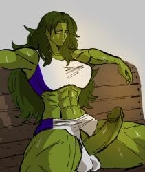 1futa bench big_balls big_breasts big_penis breasts clothed clothing erection futa_only futanari green_eyes green_hair green_skin hentae(artist) humanoid humanoid_penis long_hair marvel mostly_clothed muscular muscular_futanari penis she-hulk sitting solo sweaty_balls sweaty_body sweaty_genitalia