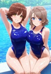 ai_generated ass blue_eyes breasts brown_hair competition_swimsuit honda_mio idolmaster large_breasts legs love_live! love_live!_sunshine!! multiple_girls one-piece_swimsuit short_hair swimsuit the_idolm@ster thighs watanabe_you yellow_eyes