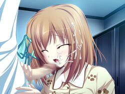 censored closed_eyes cum cum_on_hair facial game_cg handjob highres magus_tale mosaic_censoring open_mouth penis tenmaso