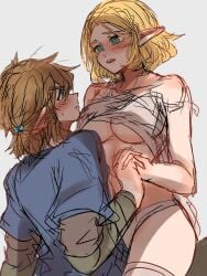 1boy 1girls aorin blonde_hair blue_eyes blush breasts clothes_lift female_on_top green_eyes hand_holding holding_hands intimate lighting link looking_at_another nintendo panties pointy_ears princess_zelda short_hair tears_of_the_kingdom the_legend_of_zelda thighs underboob wholesome zelda_(tears_of_the_kingdom)