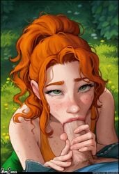 1boy 1girls aroma_sensei blowjob blush clothed clothing farmer_(stardew_valley) fellatio female green_eyes hand_on_penis looking_at_viewer male penis red_hair robin_(stardew_valley) stardew_valley sucking sucking_penis