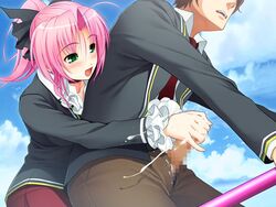 1boy 1girls bicycle breasts broom broomstick censored cum cum_on_body cum_on_hands cum_on_upper_body eroge game_cg green_eyes handjob handjob_in_skirt jpeg_artifacts large_breasts open_mouth penis pink_hair pleated_skirt red_skirt school_uniform sex_in_skirt skirt spica sumaga tsuji_santa uniform