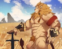 1boy abs absurdres afk_arena afk_journey animal_ears bara blue_sky brutus_(afk_arena) claws cloud cloudy_sky drawreshi english_commentary field furry furry_male grasslands highres holding holding_sword holding_weapon lion_boy lion_ears lion_mane lion_tail male_focus mountain nude pectorals penis profile sky solo_male sword tail testicles weapon