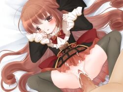 bed black_bow black_bowtie black_thighhighs blush bow bowtie brown_hair cum cum_in_pussy curly_hair dress female frilled_dress frilled_sleeves frills goth_fashion gothic_lolita lolita_fashion long_hair lying magia_record:_mahou_shoujo_madoka_magica_gaiden magical_girl mahou_shoujo_madoka_magica red_bow red_bowtie satomi_touka sex spread_legs takasawa-ruu thighhighs vaginal_penetration