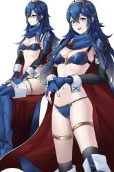 ameno_(a_meno0) armor bikini blue_bikini blue_eyes blue_hair blush boots breasts cape elbow_gloves female female_only fingerless_gloves fire_emblem fire_emblem_awakening fully_clothed gloves hair_ornament hands_on_own_thighs long_hair lucina_(fire_emblem) multiple_views navel nintendo open_mouth revealing_clothes shoulder_armor simple_background sitting small_breasts smile standing swimsuit symbol-shaped_pupils thigh_boots thighhighs tiara very_long_hair white_background