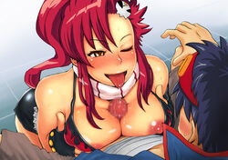 :p blush breasts censored engulfing_paizuri female fingerless_gloves gloves hair_ornament huge_breasts human itou_eito long_hair male naughty_face nipple_slip nipples paizuri penis ponytail red_hair scarf shiny shiny_skin simon_(tengen_toppa_gurren_lagann) straight sweat tengen_toppa_gurren-lagann tengen_toppa_gurren_lagann tied_hair tip_peeking titjob tongue wink yoko_littner