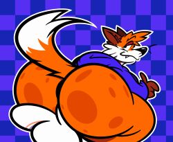 2024 absurd_res anthro anus ass balls bedroom_eyes bent_over big_balls big_butt black_nose blue_clothing blue_hoodie blue_topwear butt_markings canid canine checkered clothed clothing digital_drawing_(artwork) digital_media_(artwork) dipstick_tail fox genitals half_naked hi_res hoodie huge_butt hyper hyper_butt jaymisc looking_at_viewer looking_back looking_back_at_viewer male male_only mammal markings narrowed_eyes pattern_background presenting presenting_hindquarters raised_tail rear_view seductive shadow simple_background smile smiling_at_viewer solo soups_(superiorfox) standing tail tail_markings teeth thick_thighs toony topwear whiskers wide_hips