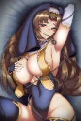 1girls big_breasts blue_eyes brown_hair clothing exhibitionism limbus_company long_hair nun project_moon revealing_clothes rodion_(limbus_company) smile voluptuous