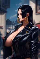 ai_due ai_generated black_hair blue_eyes boa_hancock earrings female female_only gigantic_breasts huge_breasts jacket light-skinned_female light_skin long_hair massive_breasts mature_female one_piece shounen_jump voluptuous voluptuous_female