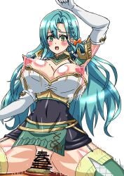 1boy 1girls aqua_hair arm_up armpits ass_visible_through_thighs bare_thighs blue_hair blush bodystocking boots braid breasts_out bursting_breasts censored chloe_(fire_emblem) covered_navel cowgirl_position earrings elbow_gloves ezsm5857 female female_focus female_on_top fire_emblem fire_emblem_engage garter_straps gloves green_eyes hair_between_eyes hourglass_figure long_hair male midriff nintendo nipples open_mouth pelvic_curtain penis pussy sex solo_focus spread_legs straddling sweat thick_thighs thigh_boots thighs vaginal_penetration very_long_hair white_background wide_hips