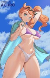 1girls achromaru aqua_eyes bikini breasts female huge_breasts light-skinned_female light_skin long_hair naughty_face nintendo orange_hair outdoors pokemon pokemon_ss side_ponytail smile sonia_(pokemon)