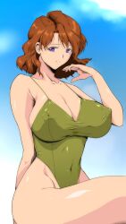 1girls 2019 absurd_res arm_behind_back blue_eyes breasts brown_hair cleavage cloud covered_navel erect_nipples erect_nipples_under_clothes female female_only green_swimsuit highleg highleg_swimsuit highres kaori_(super_real_mahjong) large_breasts looking_to_the_side mature_female mole mole_under_eye nipple_bulge one-piece_swimsuit outdoors pointy_chin sakura_na_omiki short_hair sitting sky smile solo super_real_mahjong super_real_mahjong_p4 swimsuit thick_thighs thighs wide_hips