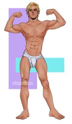 1boy 2021 bara barazoku blonde_hair briefs bulge droppindraws flexing_bicep hi_res highres male male_nipples male_only muscular_male nipples underwear