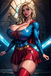 1girls ai_generated big_breasts blonde blonde_female blue_eyes busty bythebrokenone cape cleavage dc dc_comics female female_only huge_breasts kryptonian skirt solo solo_female supergirl superhero_costume superheroine superman_(series) thick_lips thick_thighs