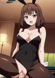 1boy 1girls ai_generated anime brown_eyes brown_hair bunny_girl bunnysuit cowgirl_position female human iino_miko kaguya-sama_wa_kokurasetai_~tensai-tachi_no_renai_zunousen~ male ranwai sex stable_diffusion vaginal_penetration vaginal_sex