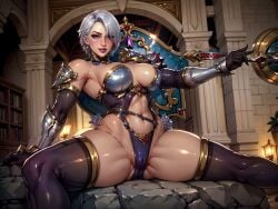 ai_generated ass bandai_namco big_ass big_breasts bikini_armor breasts huge_breasts isabella_valentine large_breasts short_hair skimpy_armor soul_calibur thick_thighs white_hair wide_hips xrp7788