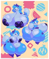 1girls abittoasty anthro azule_(jiggledoggle) big_breasts blush breast_grab breasts canid canine embarrassed female hand_on_breast hi_res huge_breasts hybrid mammal milk_inflation nipple_tape pasties sloshing_breasts solo tape teasing