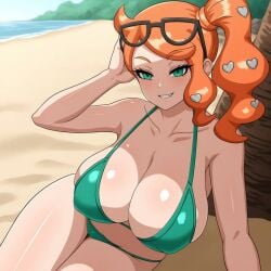 ai_generated beach big_breasts bikini blush busty cleavage creatures_(company) curvy facing_viewer female female_only game_freak green_bikini hi_res highres nintendo outdoors pokemon pokemon_(game) pokemon_ss pokemon_trainer pony_diffusion_xl posing seraphim_ai sitting smile solo sonia_(pokemon) stable_diffusion