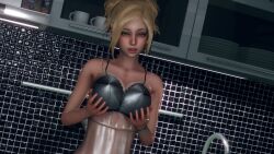 1girl 1girls 3d black_bra black_underwear blonde_female blonde_hair blush bracelet breast_grab breasts caribdis cup earrings eternum female green_eyes hair_up holding_breast holding_own_breast human human_only inside kitchen large_breasts light-skinned_female light_skin mug open_mouth penelope_(eternum) ring solo solo_female solo_focus standing underwear underwear_only