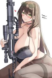 blush brown_hair collar commission crossed_bangs english_text firearm gigantic_breasts green_eyes heart holding_gun holding_weapon keenh lingerie machine_gun object_between_breasts original original_character pantyhose signature smile someone_else's_oc sunglasses sunglasses_on_head text thick_thighs very_long_hair wide_hips