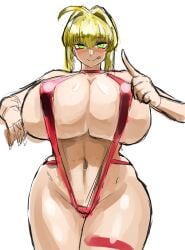 big_breasts blonde_hair colored colored_sketch fate_(series) green_eyes looking_at_viewer nero_claudius_(fate) sling_bikini thick_thighs tongue_out