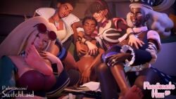 3d 5girls african african_female arsine_moxy big_breasts black_hair breast_grab breasts bree_(passionate_hex) bree_layd chocolate_and_vanilla cleavage clothed_female_nude_female eyewear eyewear_on_head feet female female_only girls girls_only glasses grabbing_breasts kamari_(passionate_hex) kamari_mwezi light-skinned_female light_skin lilac_falchion medium_breasts multiple_females multiple_girls oc passionate_hex satomi_kaeru soles spread_legs switchlaid toes white_hair witch witch_hat