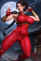 ai_generated asian asian_female big_breasts black_hair cameltoe kunoichi long_hair looking_at_viewer namco ninja red_clothing soul_calibur stable_diffusion sword taki thick_thighs zargos