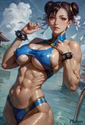 1girls abs adapted_costume ai_generated bare_shoulders bikini blue_bikini blue_sky blush bracelet breasts brown_eyes brown_hair bun_cover cameltoe chun-li cleavage clothing_cutout cloud covered_nipples day double_bun earrings erect_nipples erect_nipples_under_clothes female fingernails hair_bun hair_ribbon jewelry large_breasts lips looking_at_viewer muscular muscular_female navel nipples nipples_visible_through_clothing outdoors philon pussy red_eyes ribbon shiny_skin short_hair sky solo spiked_bracelet spikes stable_diffusion standing stomach street_fighter swimsuit thighs toned underboob water wet