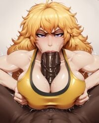 ai_generated breasts dark-skinned_male female female_focus gym_uniform jlullaby_(style) large_breasts large_penis light-skinned_female male/female paizuri penis relaps63 rwby titfuck titjob trembling yang_xiao_long