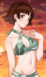 1girls beach bikini breasts brown_eyes brown_hair clouds crown_braid green_bikini green_swimsuit looking_at_viewer makoto_niijima medium_breasts midriff navel o-ring o-ring_bikini o-ring_swimsuit ocean outside persona persona_5 rojen short_hair sky sunset swimsuit water