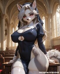 1girls absurd_res ai_generated anthro big_breasts breasts canine covered_nipples female furry helluva_boss hi_res highres long_hair looking_at_viewer loona_(helluva_boss) nun nun_outfit pelvic_curtain solo stockings tagme thick_thighs thighhighs wolf_girl xorvexai