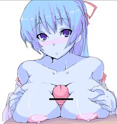 1girls aoi_(gegege_no_kitarou) blue_hair blue_skin breasts censored female gegege_no_kitarou goban huge_breasts humanoid large_breasts male nipples oekaki paizuri penis pov ribbon ribbons straight youkai yuki_onna