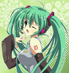 cum cum_on_hair detached_sleeves erect_nipples facial female green_eyes green_hair hatsune_miku headset long_hair suzui_narumi tied_hair twintails vocaloid wink