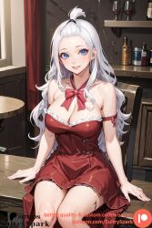 ai_generated blue_eyes breasts commission dress fairy_tail gloves indoors large_breasts looking_at_viewer mirajane_strauss patreon patreon_username red_gloves red_outfit red_ribbon ribbon sultryspark white_eyes