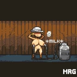 animated animated animated arms_behind_head big_breasts blonde_hair blush charlotte_(dead_ahead) cowboy_hat cowgirl dead_ahead lactation large_breasts milk milk_tank milking milking_machine mr.g_thesorrow nude nude_female pixel_animation pixel_art smiling solo solo_female sprite standing watermark