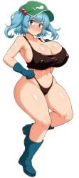 1girls big_breasts black_sports_bra blue_eyes blue_hair breasts busty cleavage curvaceous curvy curvy_body curvy_female curvy_figure female halcachanel haruka_(haruka_channel) hat huge_breasts kawashiro_nitori large_breasts nitori_kawashiro sports_bra thick_thighs thighs touhou voluptuous