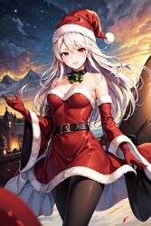 7ds_grand_cross ai_generated christmas_outfit cleavage collarbone detached_sleeves fur gloves lillia_(nanatsu_no_taizai) lillia_of_desire_(7ds_grand_cross) long_hair nanatsu_no_taizai pantyhose red_eyes santa_costume santa_hat seven_catastrophes seven_deadly_sins smartneto