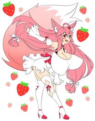 bent_over blush fluffy_tail fox_ears fox_girl fox_tail hair_ornament high_heels huge_breasts kireina_pinky_fox long_hair looking_at_viewer matsu-sensei nipple_bulge pink_fur pink_hair pinky_fox_(osiimi) thick_thighs thighhighs virtual_youtuber white_dress