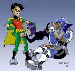 1girls 2006 2boys animated bad_guy cyborg_(dc) dark-skinned_male dark_skin dc dc_comics dick_grayson human interracial male multiple_boys penis raven_(dc) robin_(dc) robin_(dick_grayson) straight straight_hair teen_titans threesome