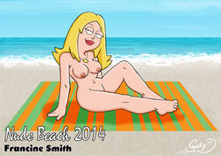 2014 american_dad areola beach blonde_hair chesty_larue erect_nipples female francine_smith half-closed_eyes large_nipples lips long_hair looking_at_viewer medium_breasts milf necklace nipples nude perky_breasts pose shaved_pussy sitting smile smiling thick_lips