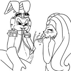 after_sex bucky_o'hare bucky_o'hare_(series) cum cum_on_breasts cum_on_face cumming cumshot goggles_on_head jenny_(bucky_o'hare) long_hair monochrome