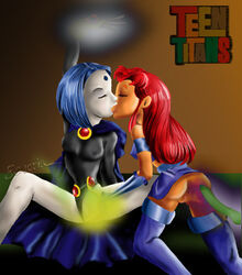 dc_comics escoria kissing rachel_roth raven_(dc) starfire straight_hair teen_titans yuri