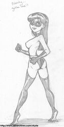 2005 breasts disney elbow_glove elbow_gloves glove gloves greyscale lipstick monochrome pixar straight_hair the_incredibles thigh_highs thighhighs violet_parr vkyrie